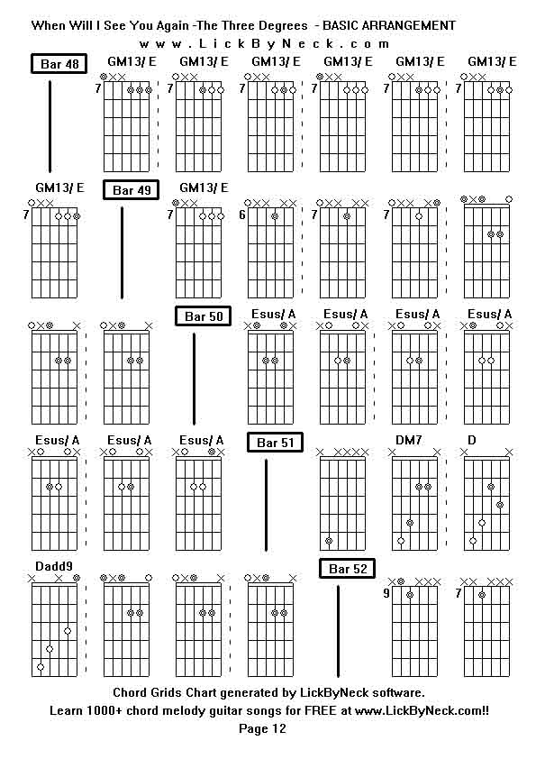 Chord Grids Chart of chord melody fingerstyle guitar song-When Will I See You Again -The Three Degrees  - BASIC ARRANGEMENT,generated by LickByNeck software.